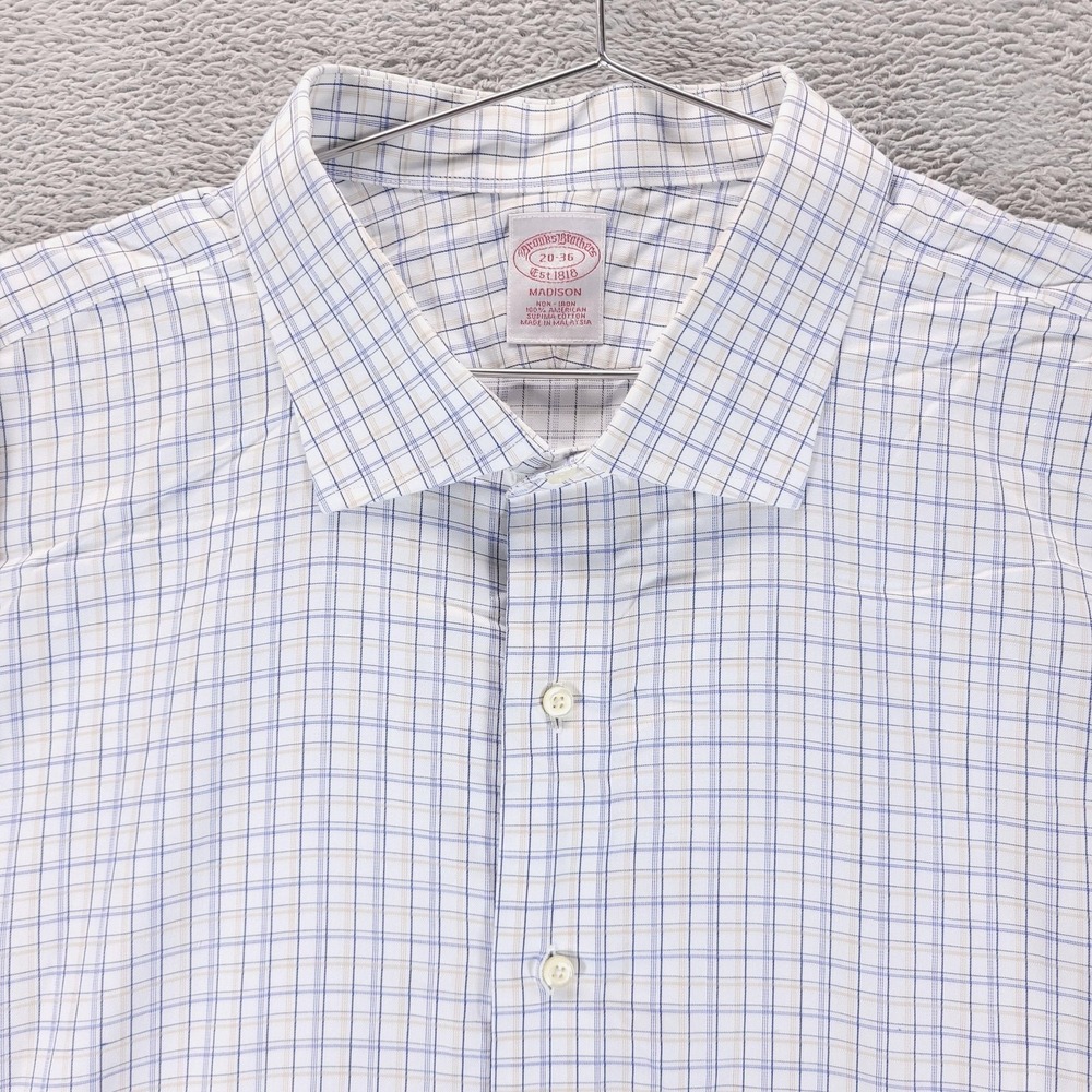 Brooks Brothers Dress Shirt Mens 20 36 37 White Check Madison Supima Oxford
